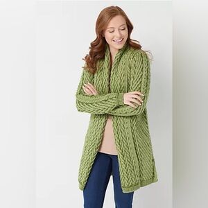 Aran Crafts Ireland Sweater Womans M Green Merino Wool Open Long Cardigan Luxury